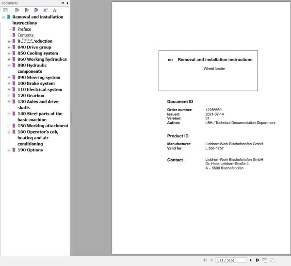 Liebherr Wheel Loader L556 1757 Removal And Installation Instructions 12256660 1