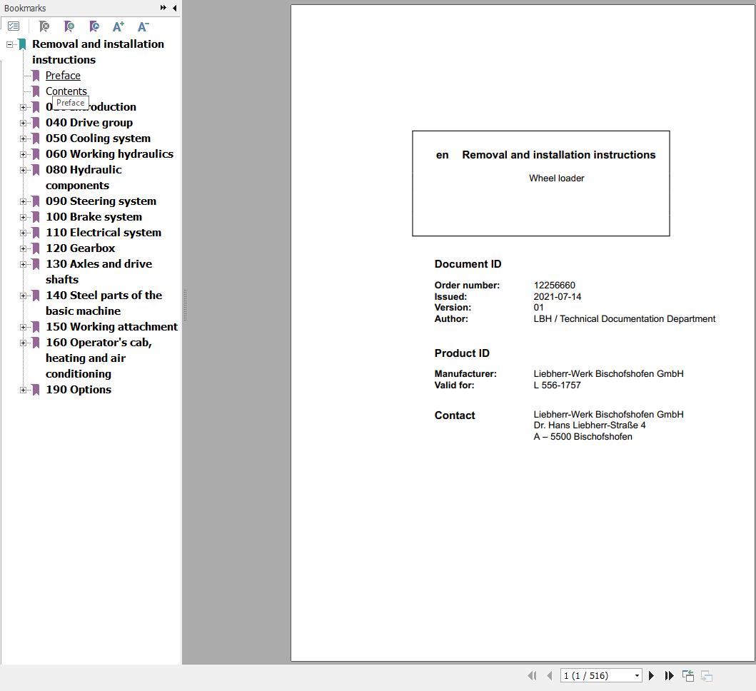 Liebherr Wheel Loader L556 1757 Removal And Installation Instructions 12256660 1