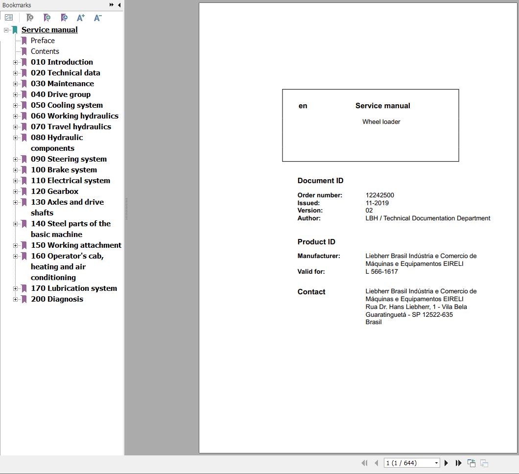 Liebherr Wheel Loader L566 1617 Service Manual 12242500 1