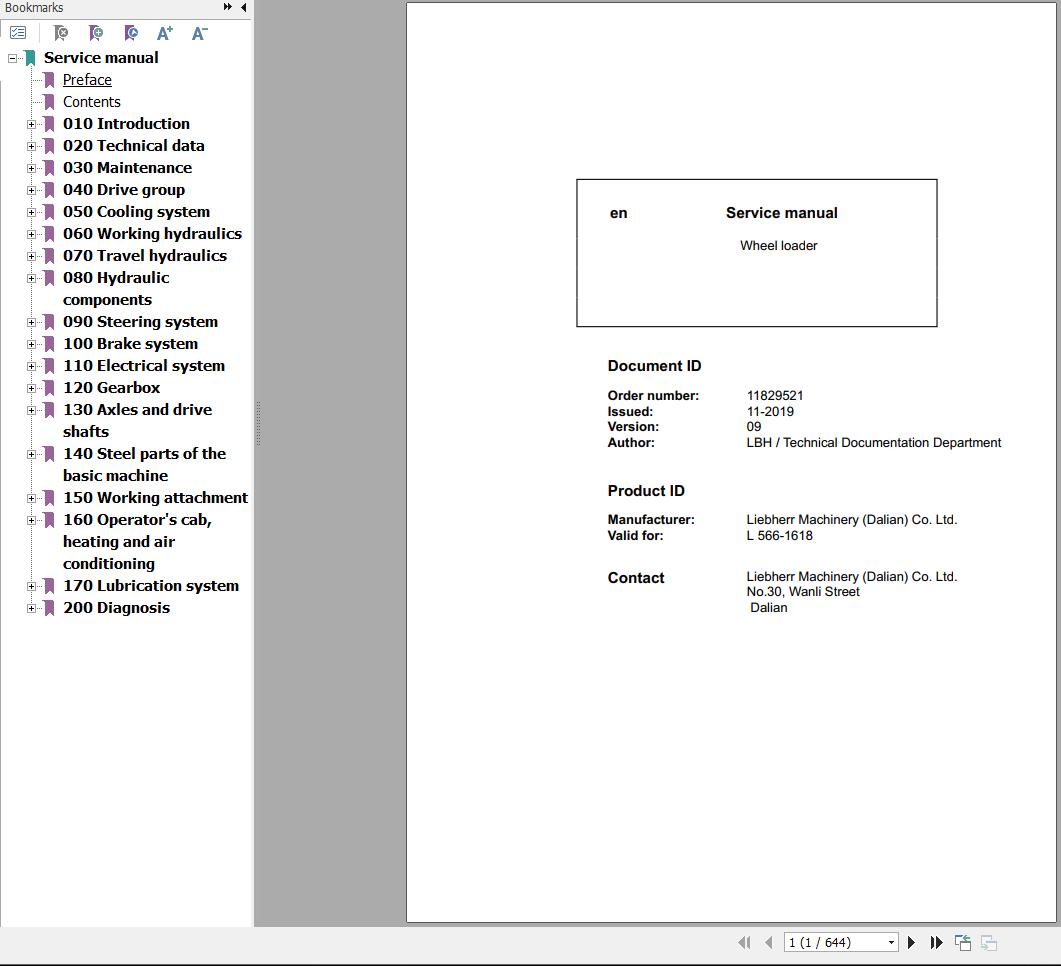 Liebherr Wheel Loader L566 1618 Service Manual 11829521 1