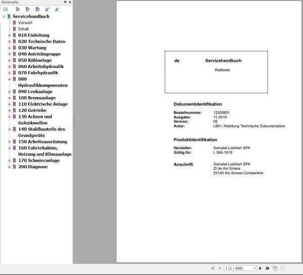 Liebherr Wheel Loader L566 1619 Service Manual 12200851 DE 1