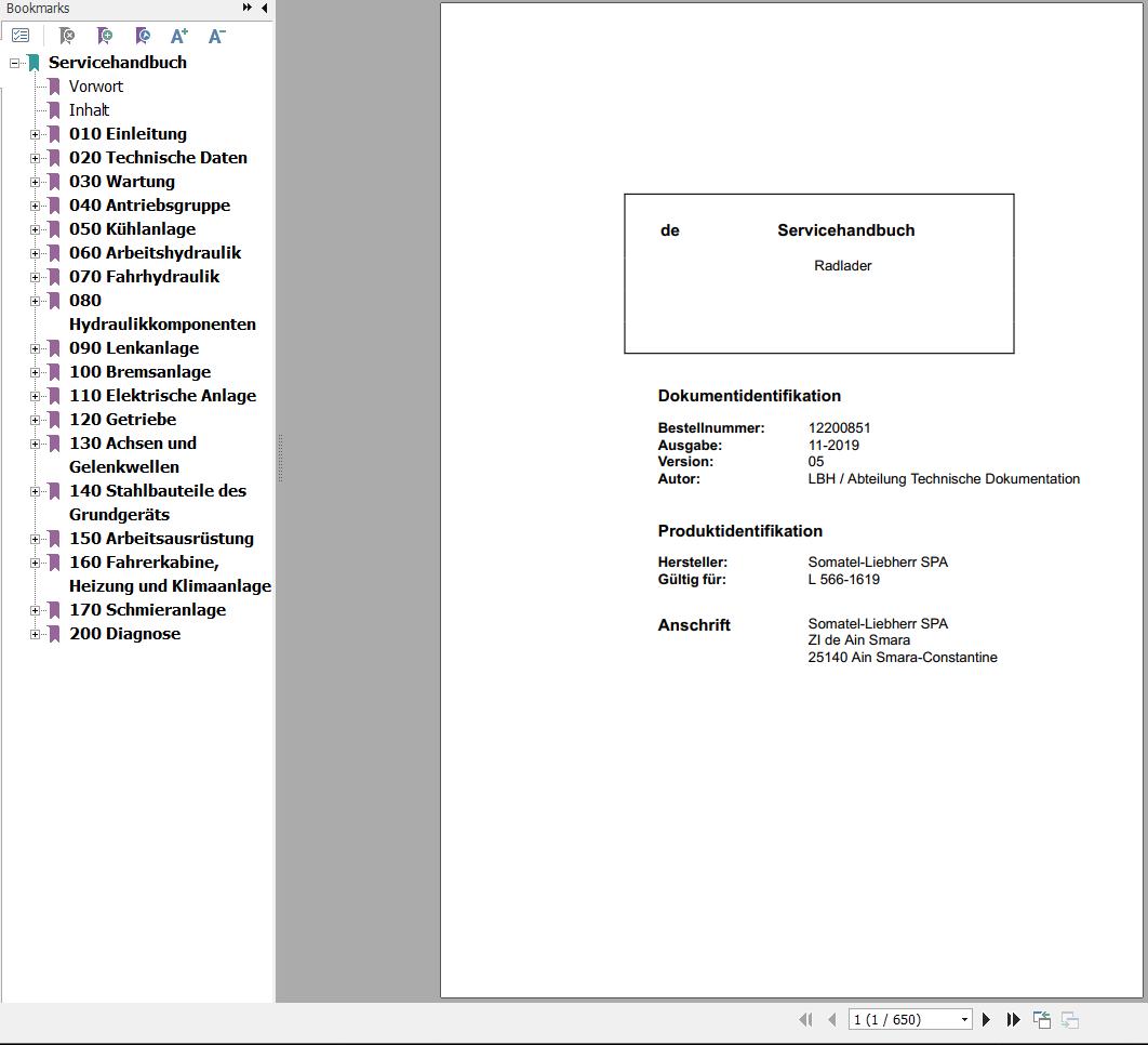 Liebherr Wheel Loader L566 1619 Service Manual 12200851 DE 1