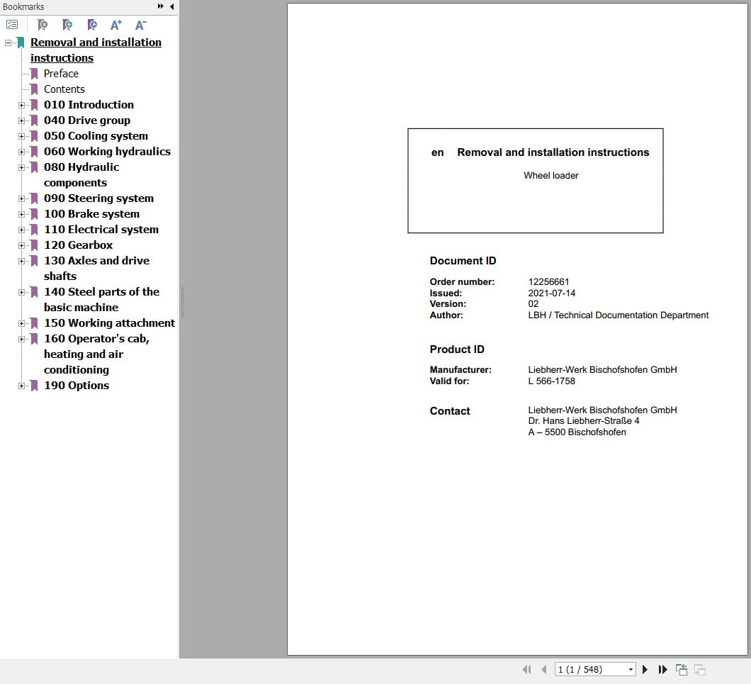 Liebherr Wheel Loader L566 1758 Removal And Installation Instructions 12256661 1