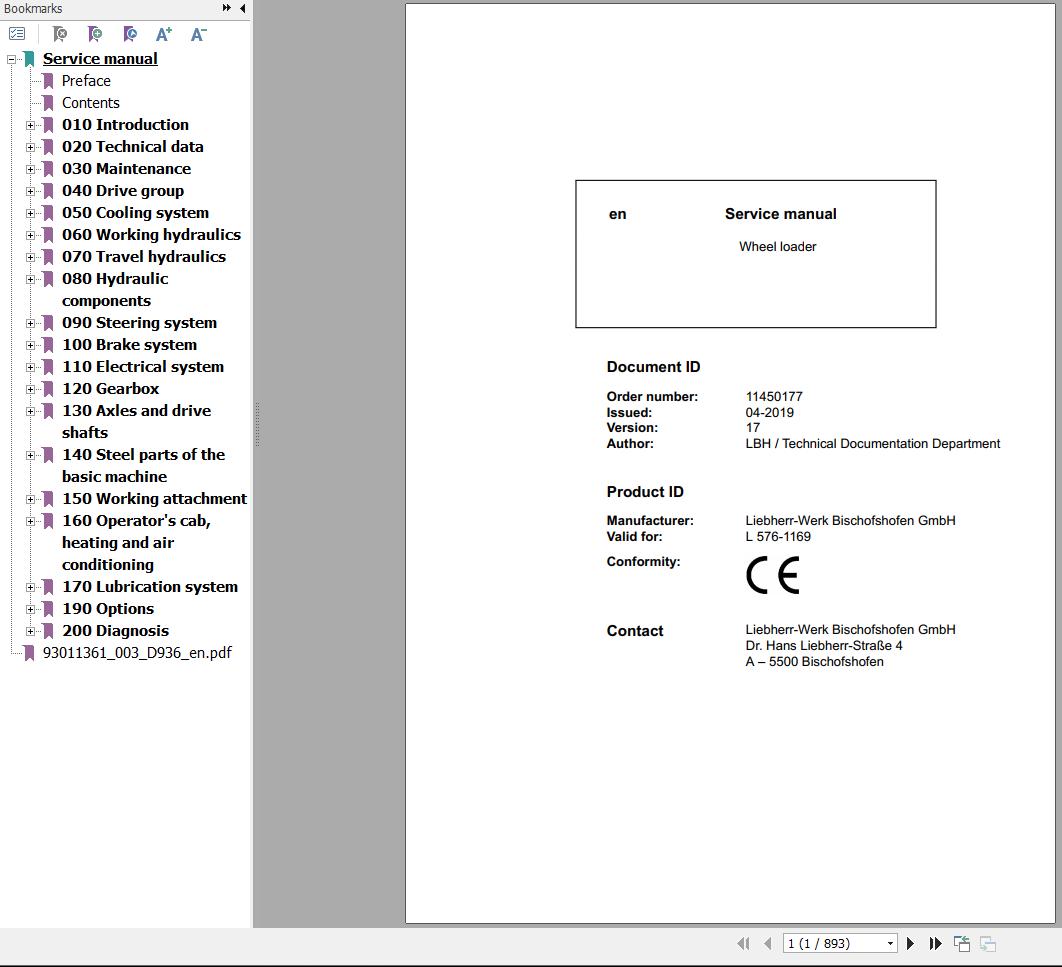 Liebherr Wheel Loader L576 1169 Service Manual 11450177 1