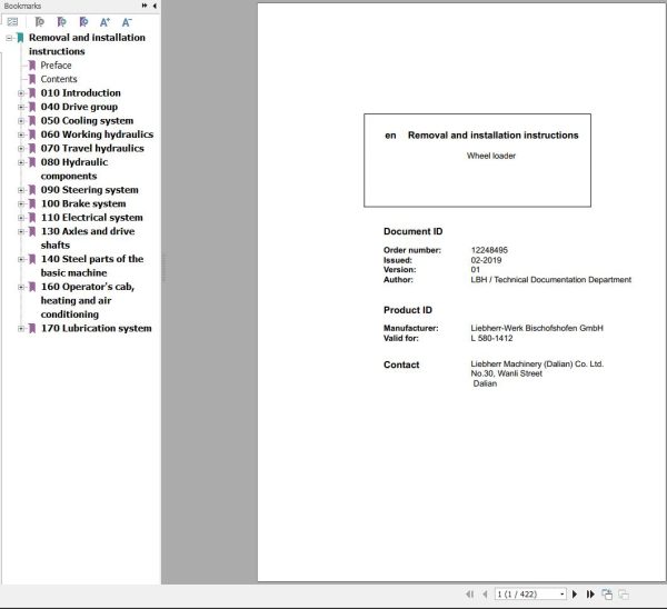 Liebherr Wheel Loader L580 1412 Removal And Installation Instructions Manual 12248495 1