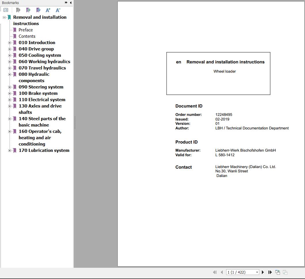 Liebherr Wheel Loader L580 1412 Removal And Installation Instructions Manual 12248495 1