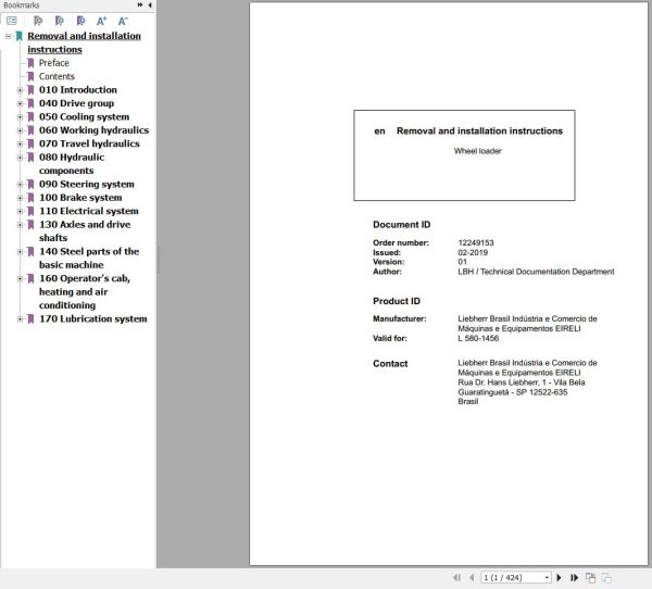 Liebherr Wheel Loader L580 1456 Removal And Installation Instructions Manual 12249153 1