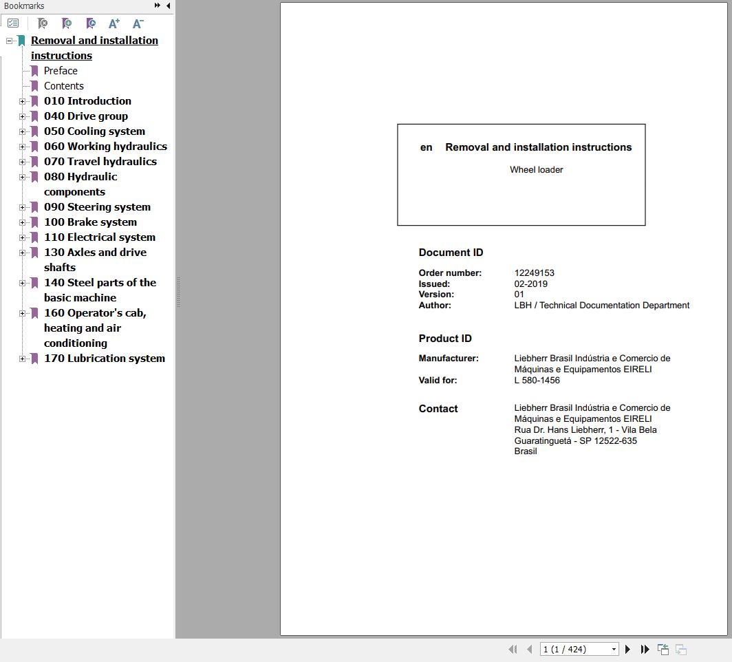 Liebherr Wheel Loader L580 1456 Removal And Installation Instructions Manual 12249153 1