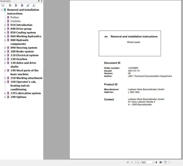 Liebherr Wheel Loader L580 1464 Removal And Installation Instructions 12230993 1
