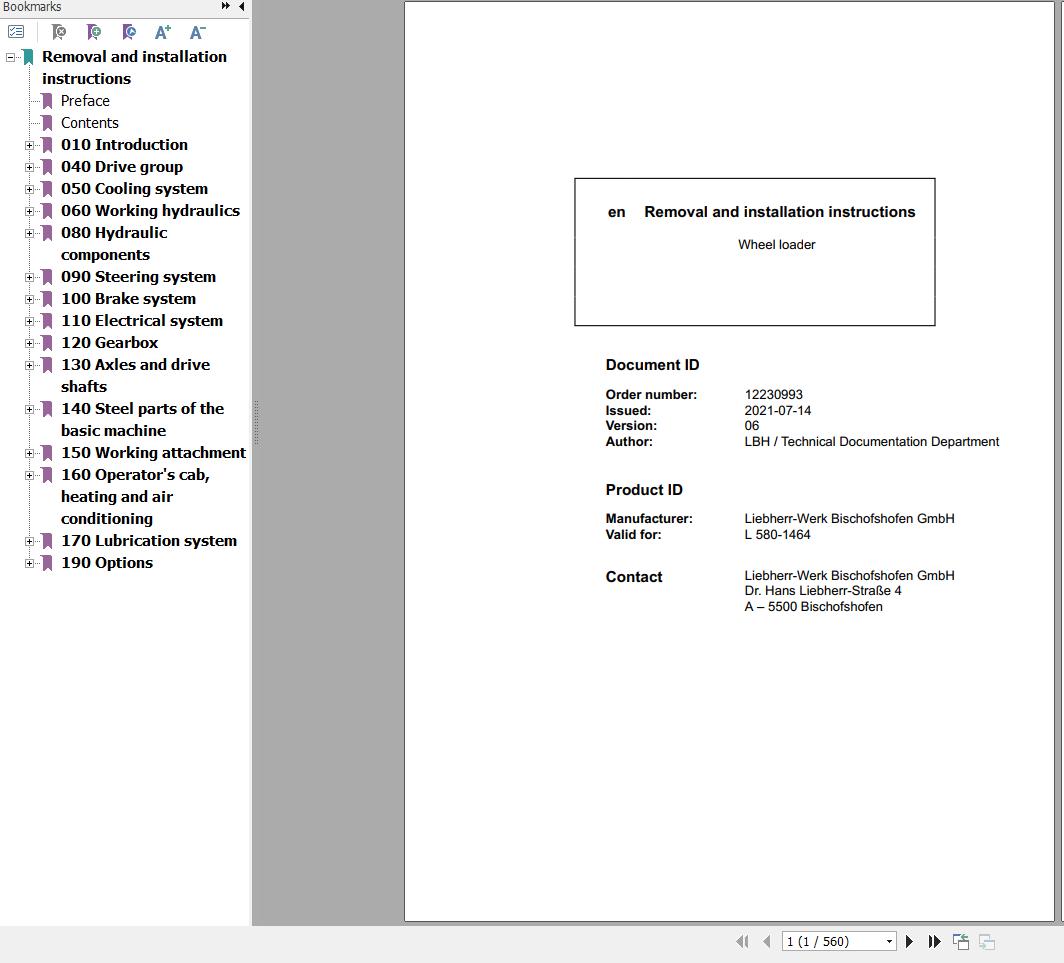 Liebherr Wheel Loader L580 1464 Removal And Installation Instructions 12230993 1