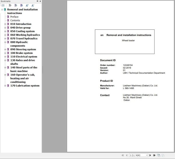 Liebherr Wheel Loader L580 1495 Removal And Installation Instructions Manual 12249154 1