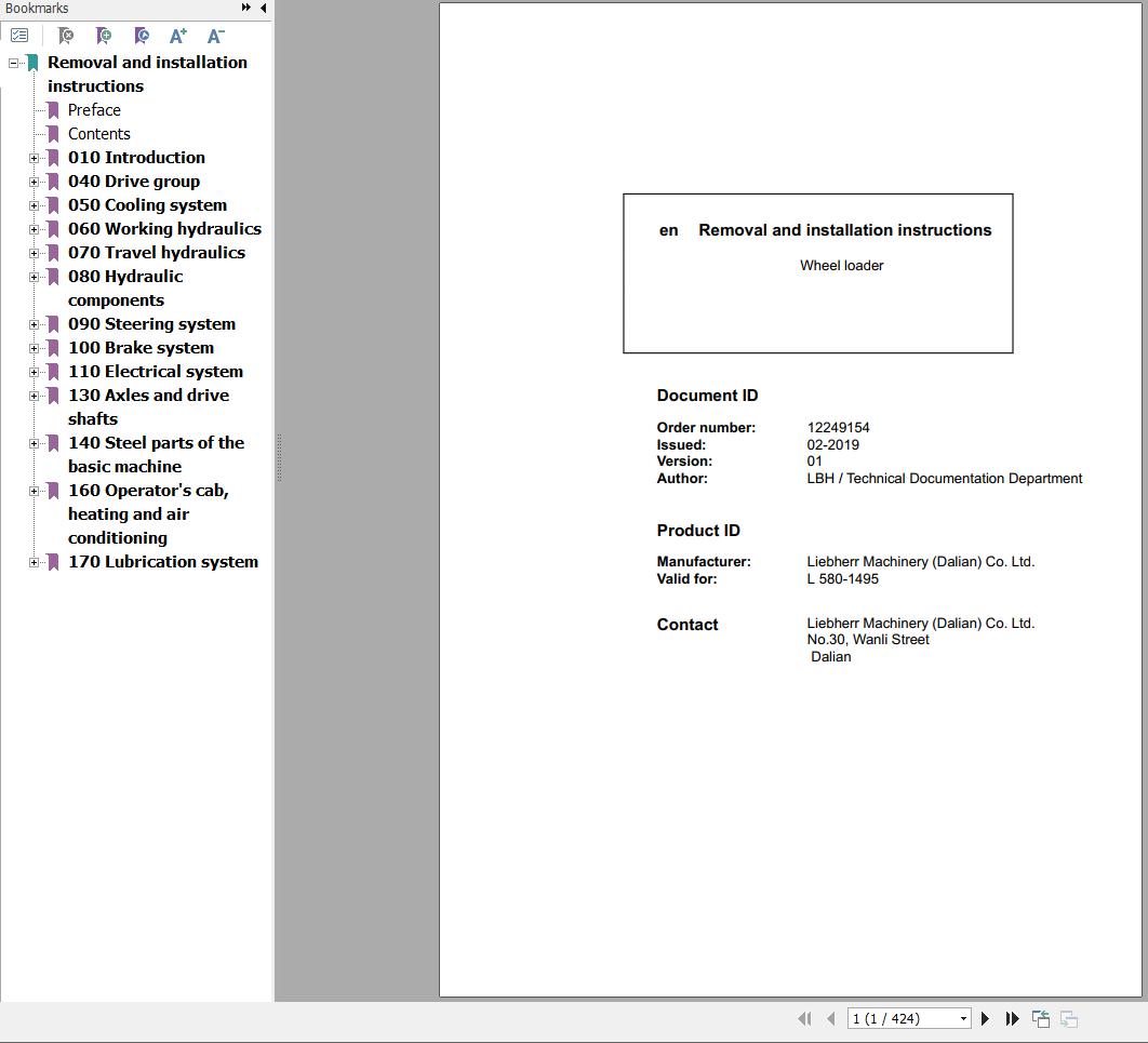 Liebherr Wheel Loader L580 1495 Removal And Installation Instructions Manual 12249154 1