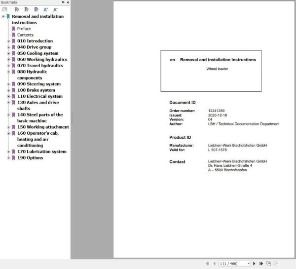 Liebherr Wheel Loader L580 1578 Removal And Installation Instructions 12241259 1
