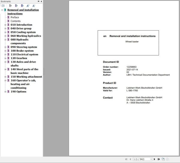 Liebherr Wheel Loader L580 1760 Removal And Installation Instructions 12256663 1