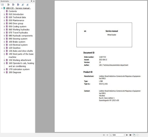 Liebherr Wheel Loader L580 G5.0 D 1456 Service Manual 11827723 1