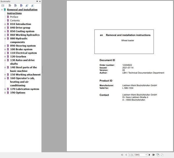 Liebherr Wheel Loader L586 1334 Removal And Installation Instructions 12204922 1