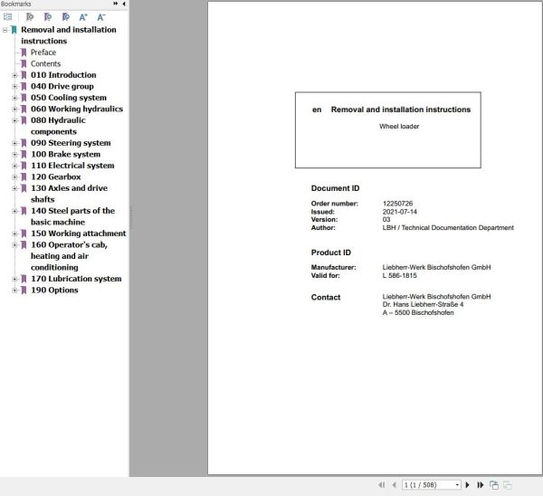 Liebherr Wheel Loader L586 1815 Removal And Installation Instructions 12250726 1