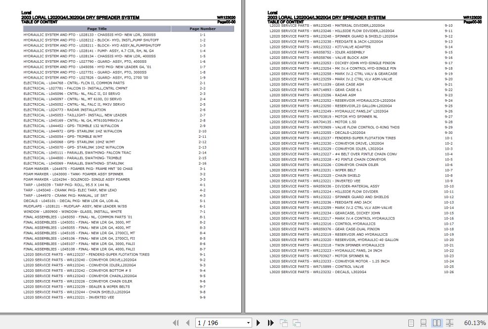 Loral Dry Spreader System L2020G4 L3020G4 Parts Catalog WR123020 1