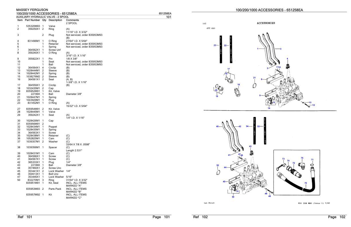 Massey Ferguson 100 200 1000 Accessories Parts Catalog 651258EA 1