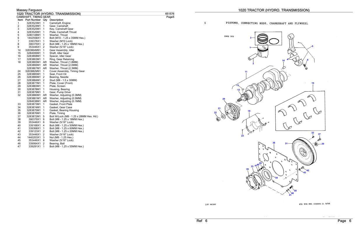 Massey Ferguson 1020 Tractor Hydro. Transmission Parts Catalog 651576