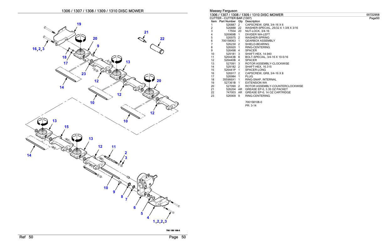 Massey Ferguson 1306 1307 1308 1309 1310 Disc Mower Parts Catalog 00722958 1