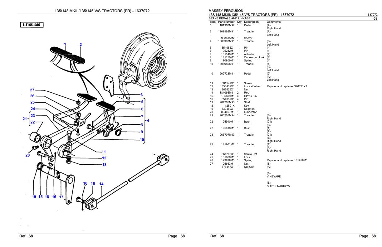 Massey Ferguson 135 148 MKIII 135 145 V S Tractor FR Parts Catalog 1637072 1