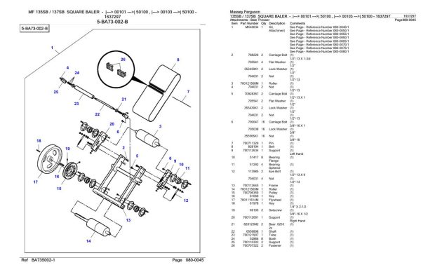Massey Ferguson 135SB 137SB Square Baler Parts Catalog 1637297 1