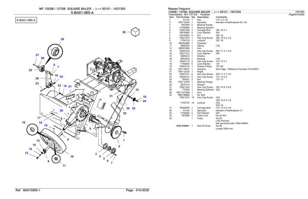 Massey Ferguson 135SB 137SB Square Baler Parts Catalog 1637355 2