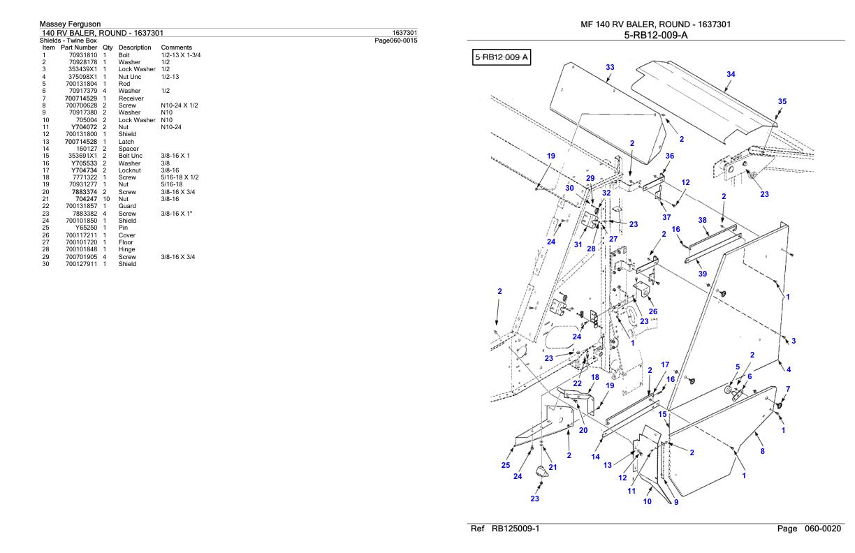 Massey Ferguson 140 RV Baler Round Parts Catalog 1637301 1