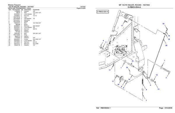 Massey Ferguson 142 RV Baler Round Parts Catalog 1637302 2