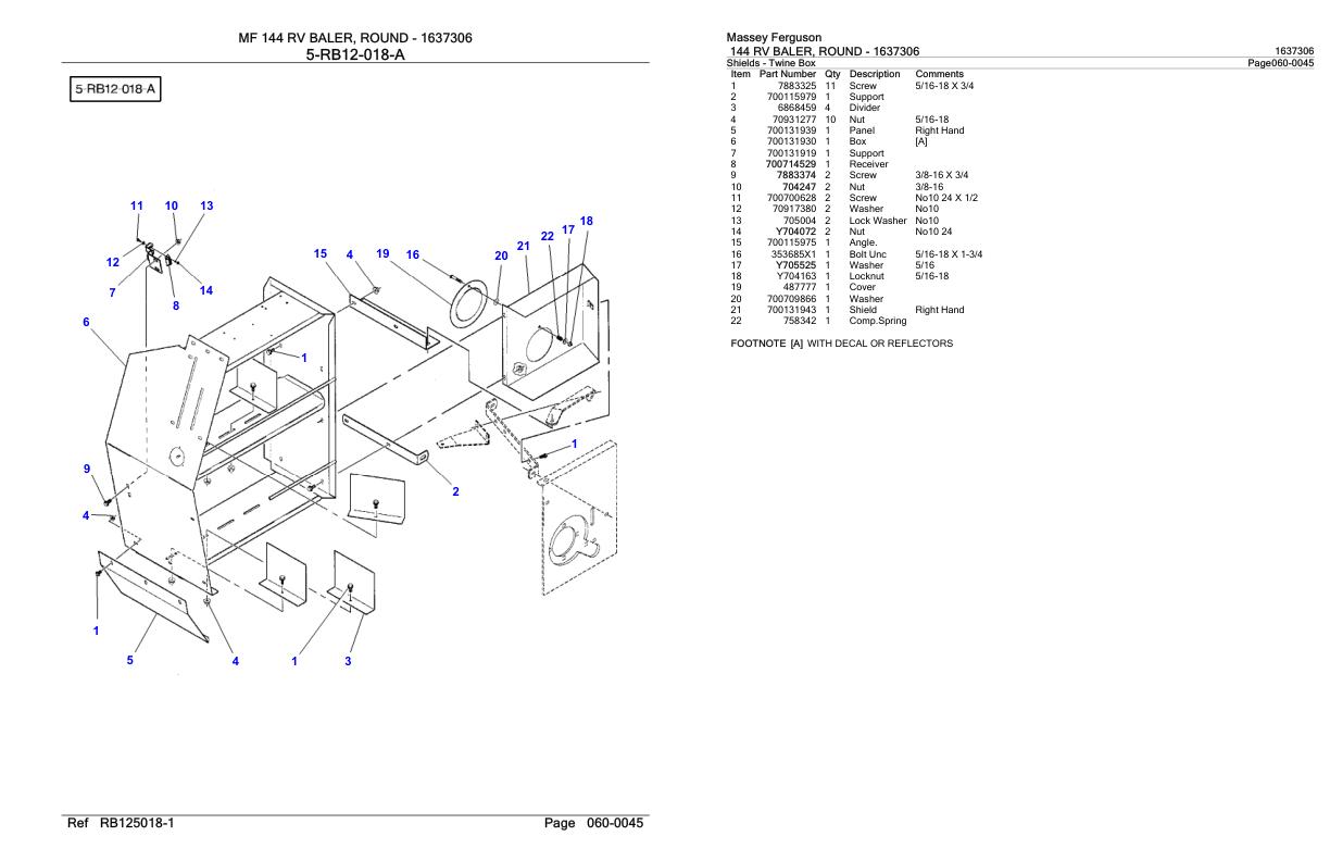 Massey Ferguson 144 RV Baler Round Parts Catalog 1637306 1