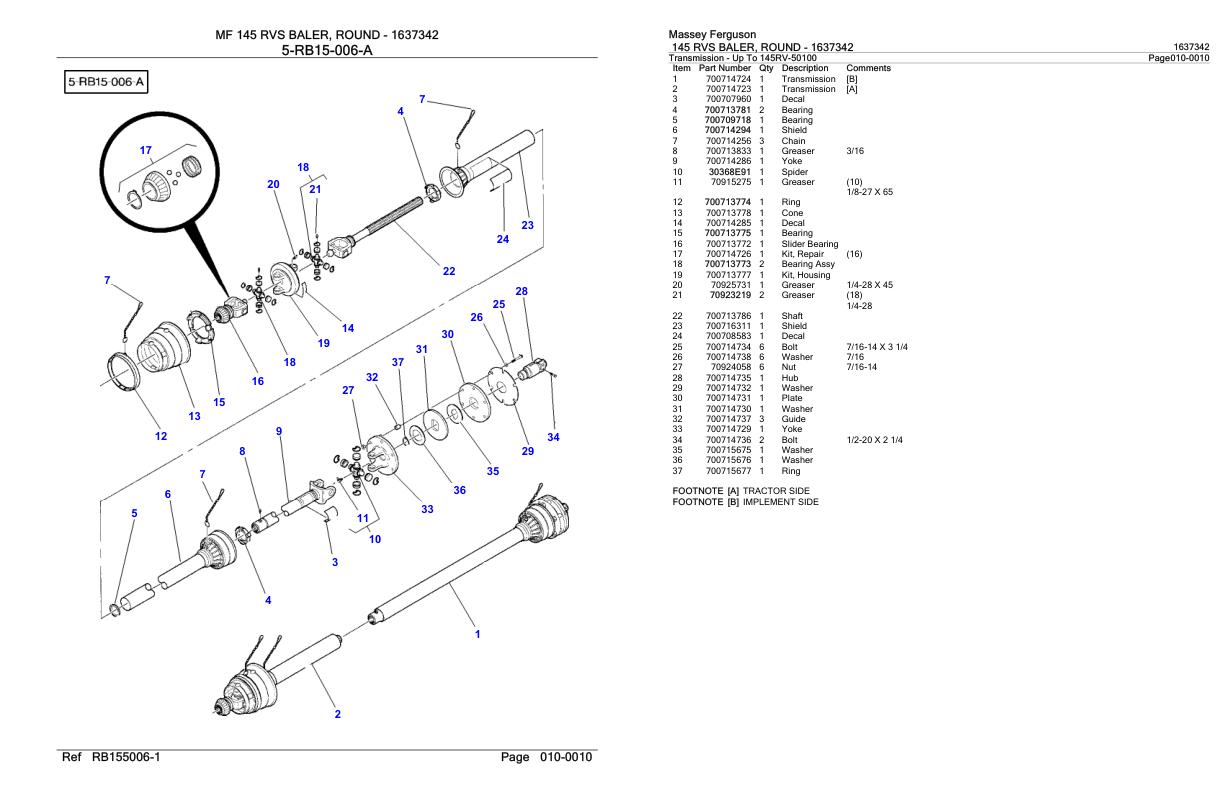 Massey Ferguson 145 RVS Baler Round Parts Catalog 1637342 1