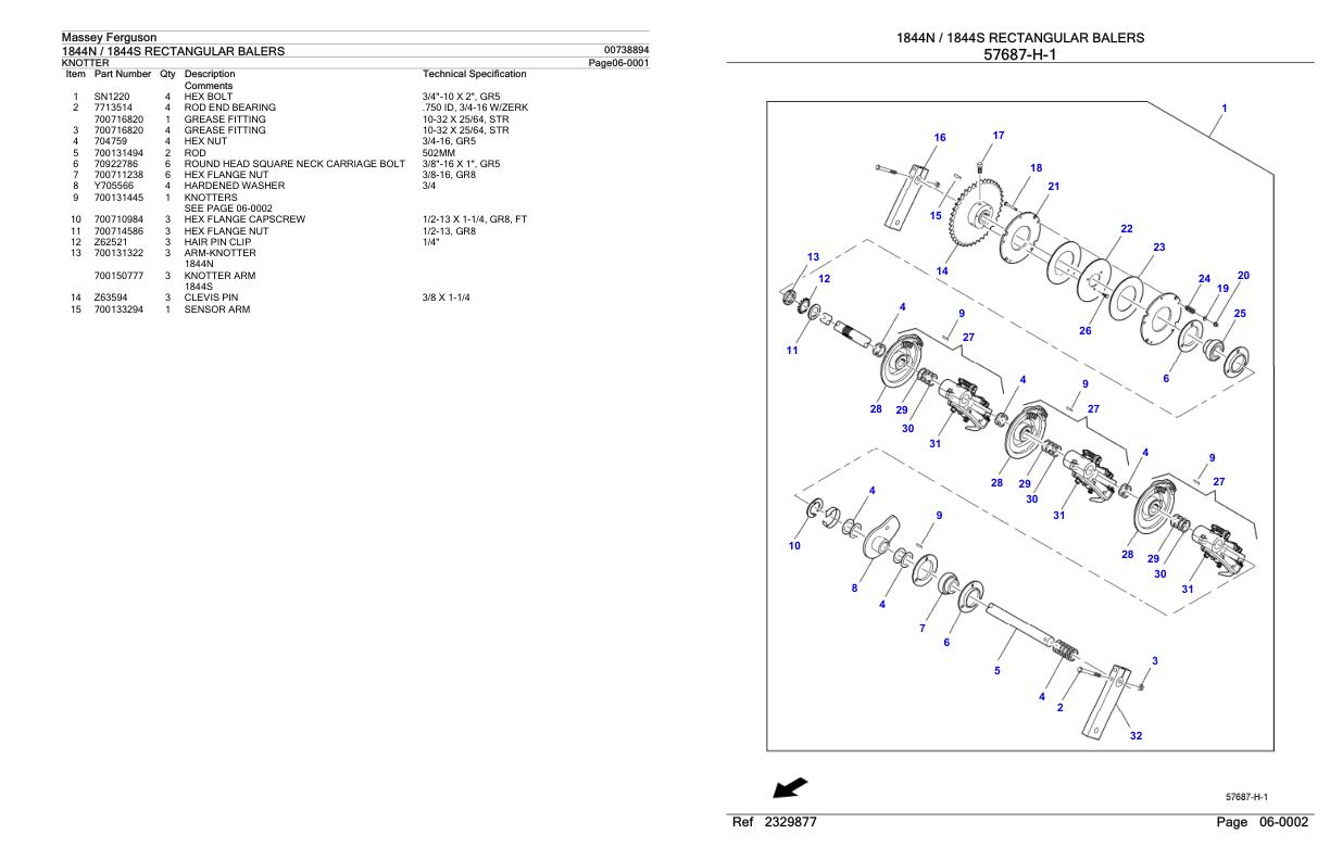 Massey Ferguson 1844N 1844S Rectangular Balers Parts Catalog 00738894 1