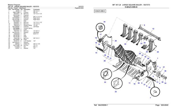 Massey Ferguson 187 LB Large Square Baler Parts Catalog 1637373 2