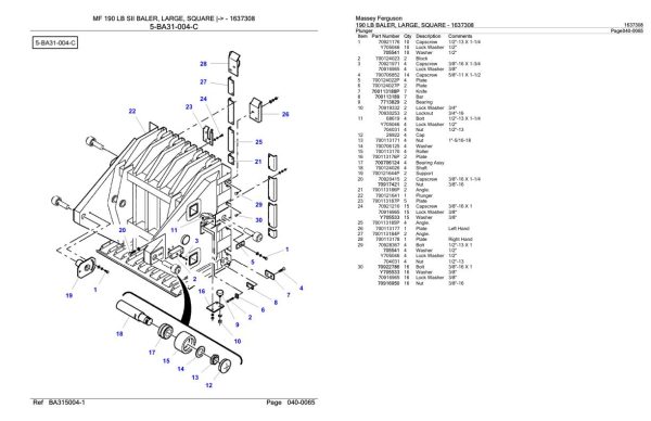 Massey Ferguson 190 LB Baler Large Square Parts Catalog 1637308 1