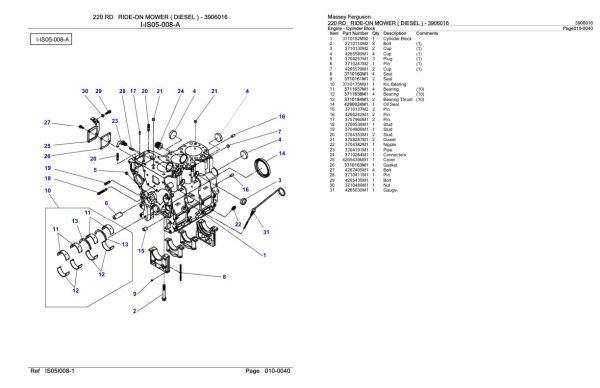 Massey Ferguson 220 RD Ride On Mower Diesel Parts Catalog 3906016 1