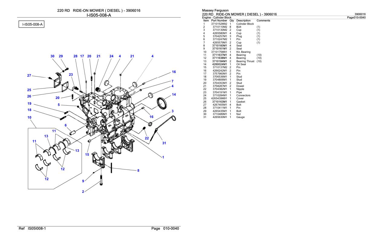 Massey Ferguson 220 RD Ride On Mower Diesel Parts Catalog 3906016 1