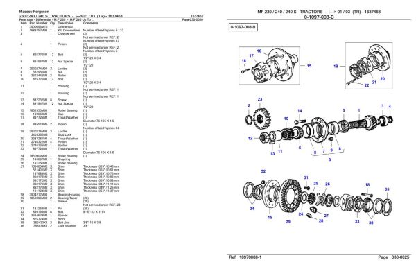 Massey Ferguson 230 240 240 S Tractor Parts Catalog 1637463 1