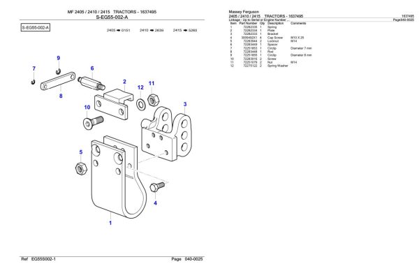 Massey Ferguson 2405 2410 2415 Tractor Parts Catalog 1637495 1
