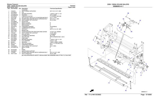 Massey Ferguson 2956 2956A Round Balers Parts Catalog 79035939 2