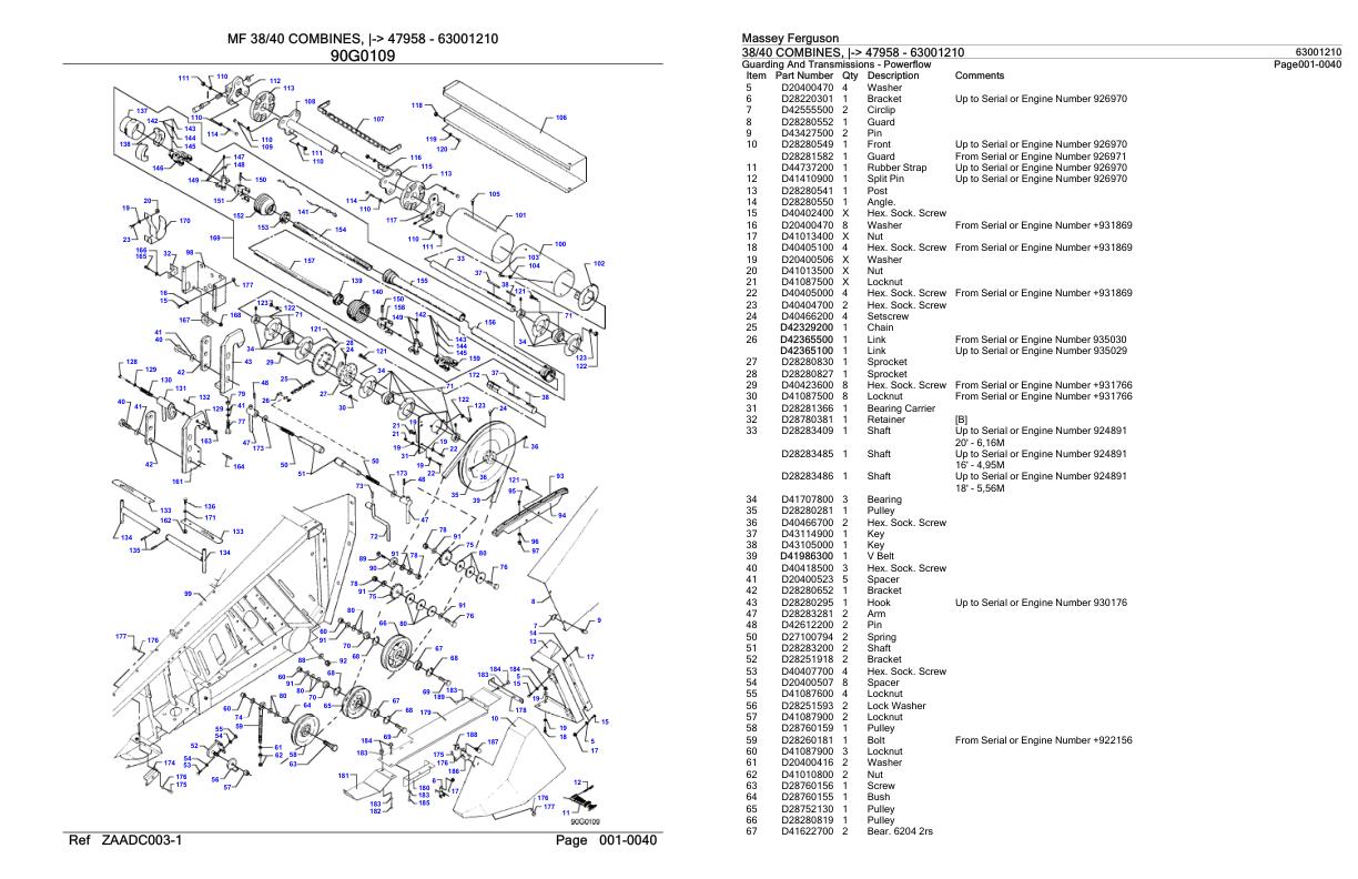 Massey Ferguson 38 40 Combine Parts Catalog 63001210 1