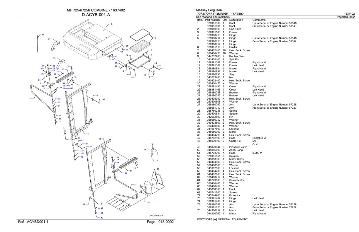 Massey Ferguson 7254 7256 Combine Parts Catalog 1637402 1
