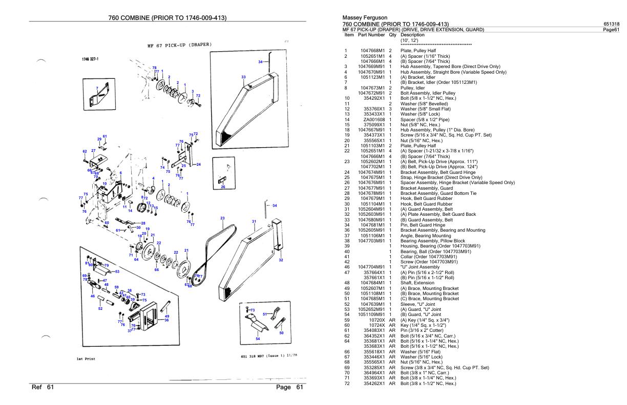 Massey Ferguson 760 Combine Parts Catalog 651318