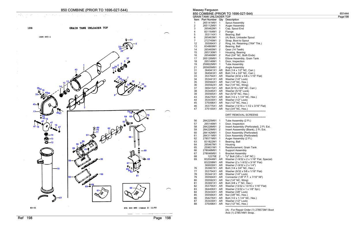 Massey Ferguson 850 Combine Parts Catalog 651444