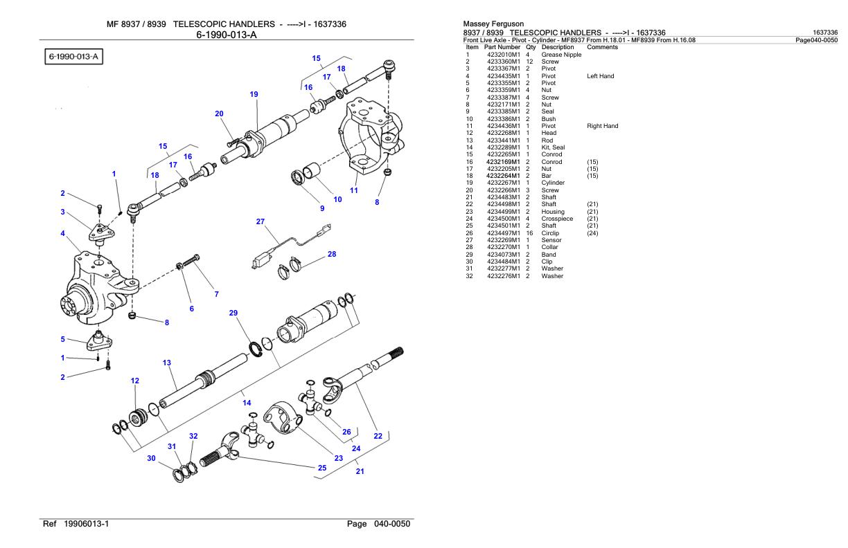 Massey Ferguson 8937 8939 Telescopic Handler Parts Catalog 1637336 1