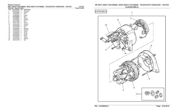 Massey Ferguson 8937 8939 Telescopic Handler Parts Catalog 1637423 1