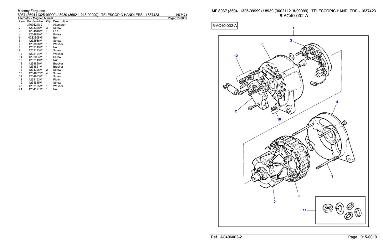 Massey Ferguson 8937 8939 Telescopic Handler Parts Catalog 1637423 1