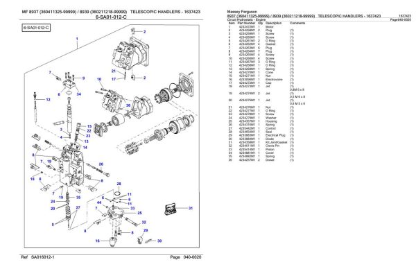 Massey Ferguson 8937 8939 Telescopic Handler Parts Catalog 1637423 2