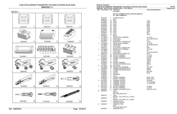Massey Ferguson 9108 70VE Narrow Transport Folding Planter 2018 2020 Parts Catalog 652158 1