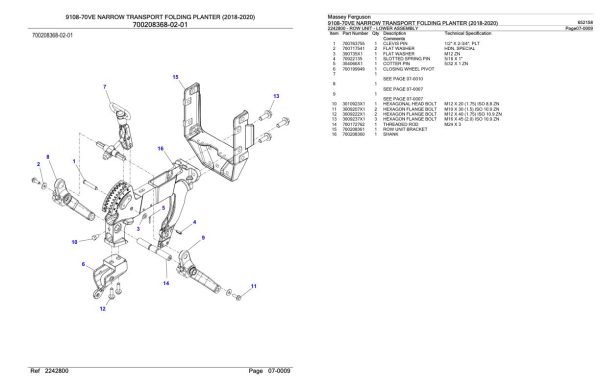 Massey Ferguson 9108 70VE Narrow Transport Folding Planter 2018 2020 Parts Catalog 652158 2